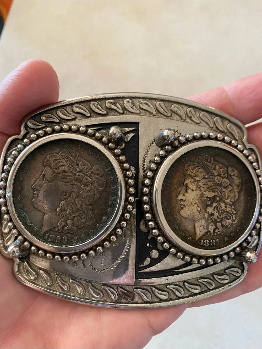 Antique Silver Tone Double Coin Buckle with Morgan Coins